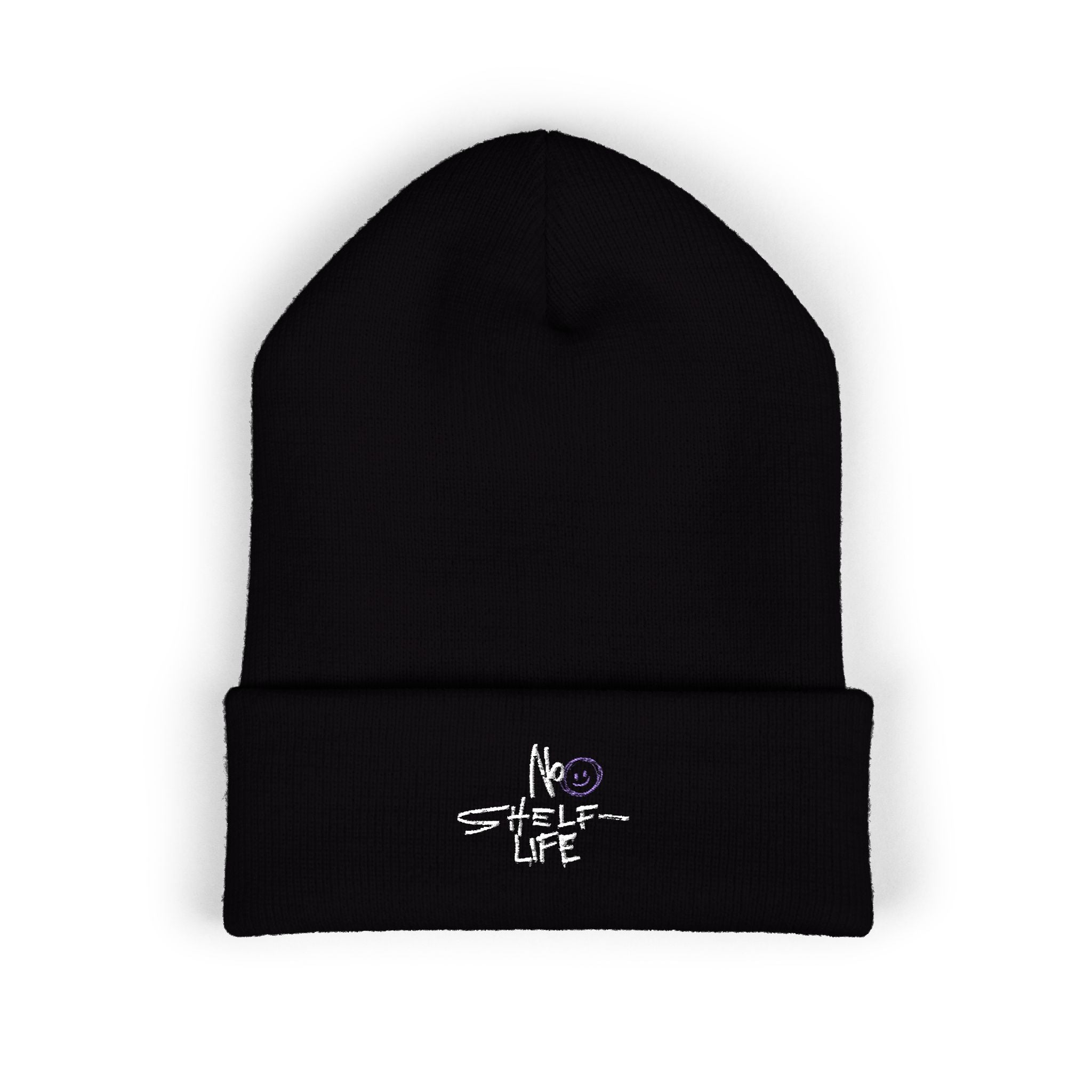 No Self Life Embroidered Cuffed Beanie — Minimal Black Knit Hat