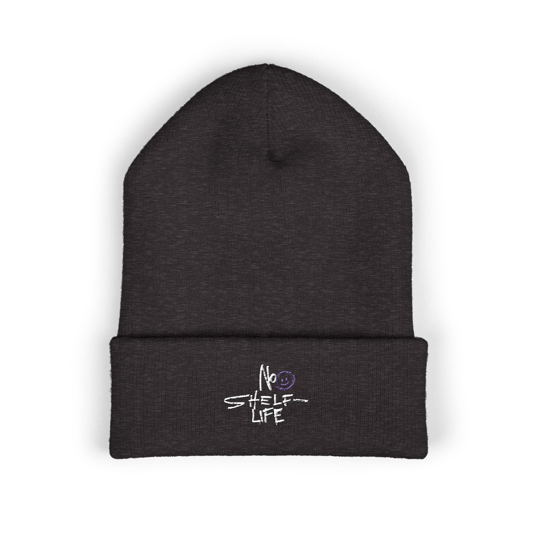 No Self Life Embroidered Cuffed Beanie — Minimal Black Knit Hat